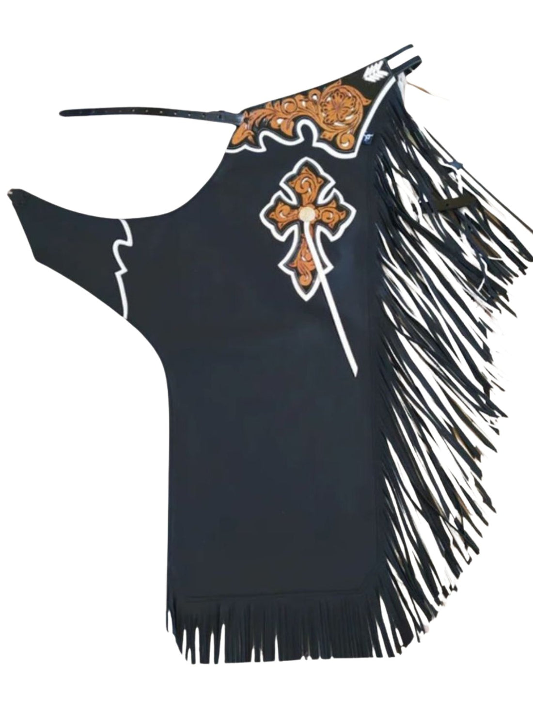 Black fringe rodeo chaps with decorative and patterns on a white background