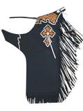 Black fringe rodeo chaps with decorative and patterns on a white background