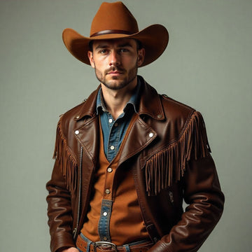 Man wearing a brown cowboy hat and leather jacket with fringe on a gray background