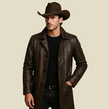 Man wearing a brown leather coat and cowboy hat on a beige background