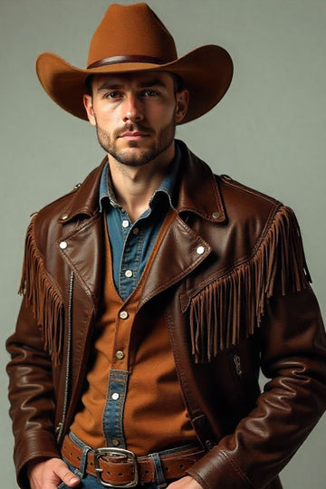 Man wearing a brown leather jacket with fringe and a cowboy hat on a gray background