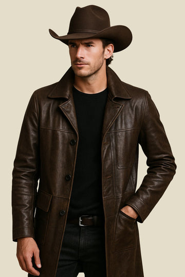 Man wearing a brown leather coat and cowboy hat on a beige background