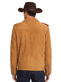 Man wearing a tan suede jacket and brown cowboy hat on a white background