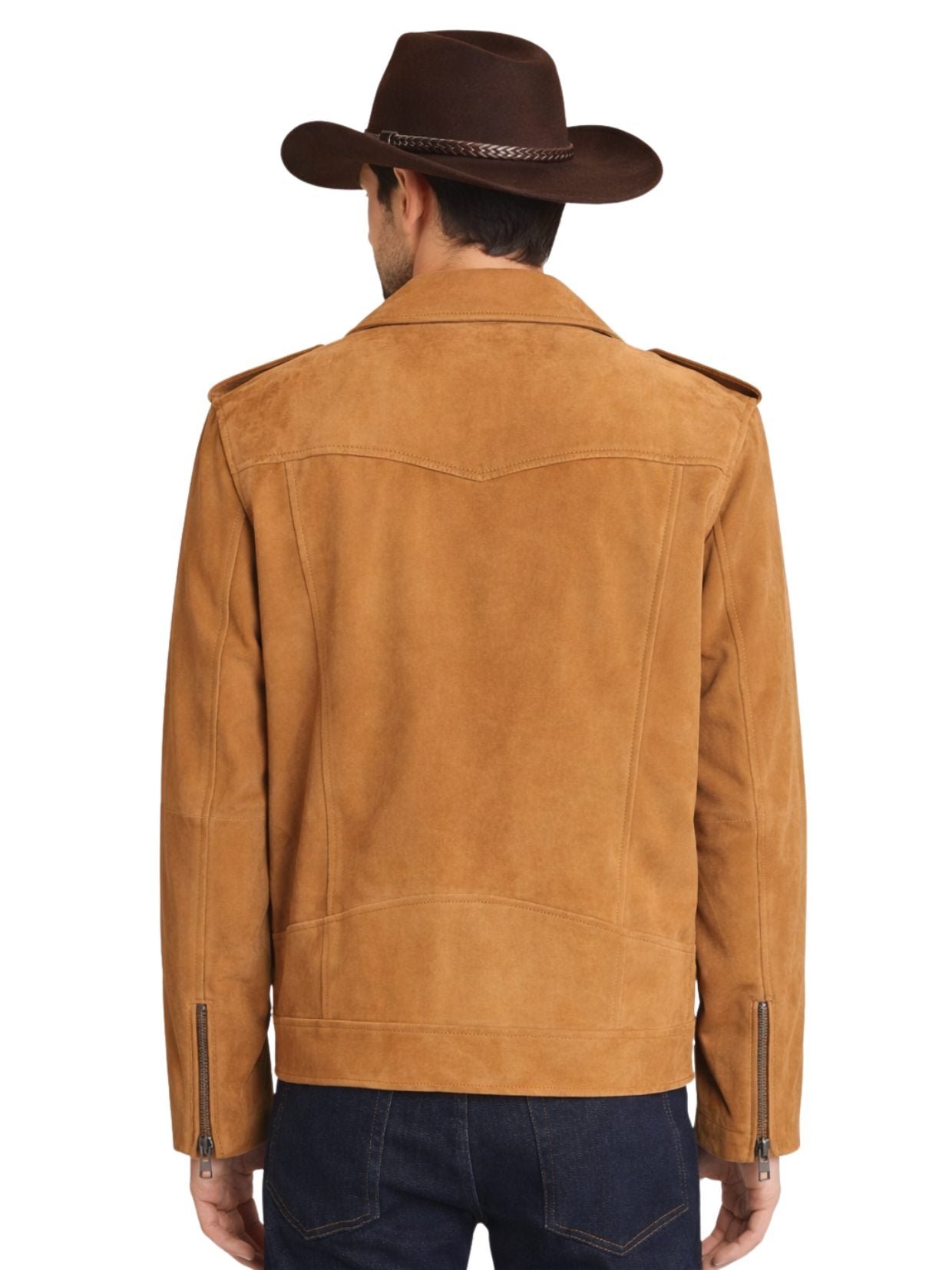 Man wearing a tan suede jacket and brown cowboy hat on a white background