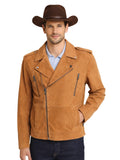 Man wearing a tan leather jacket and brown cowboy hat on a white background