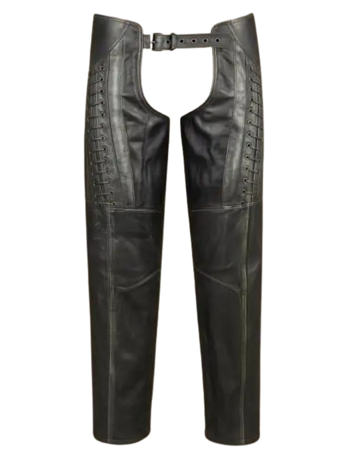 Black leather chaps with side lacing and a matching belt, shown against a plain white background.