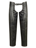 Black leather chaps with side lacing and a matching belt, shown against a plain white background.