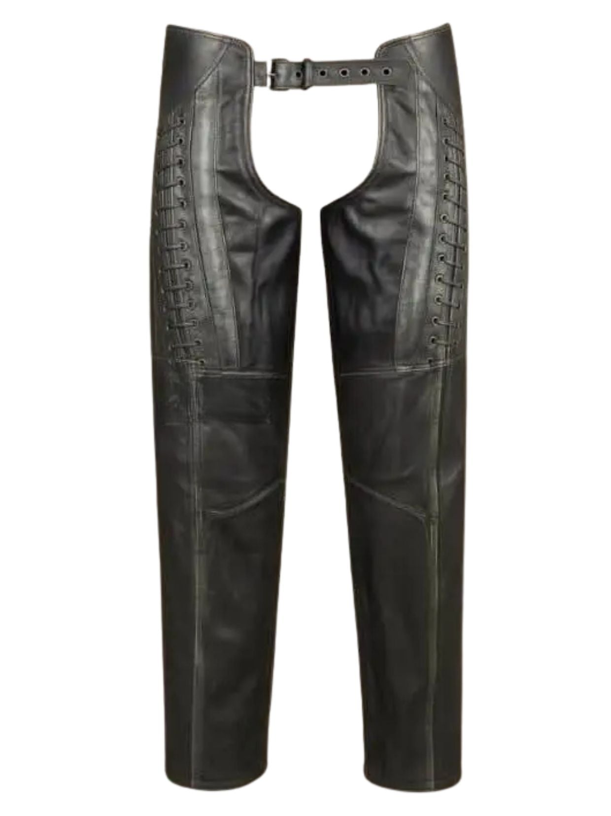 Black leather chaps with side lacing and a matching belt, shown against a plain white background.