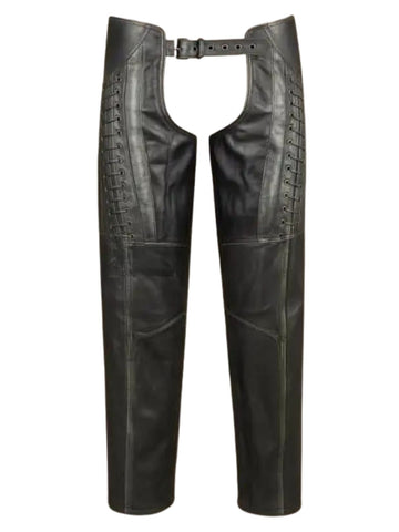 Black leather chaps with side lacing and a matching belt, shown against a plain white background.