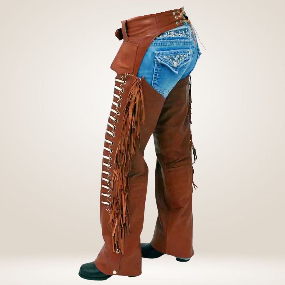 Men's Western Leather Fringe Chaps Side