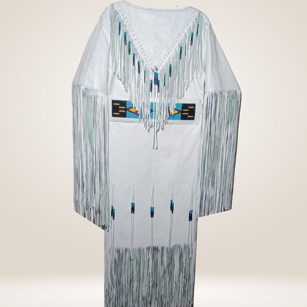 Women’s White Leather Long Fringes Beaded Wedding Dress
