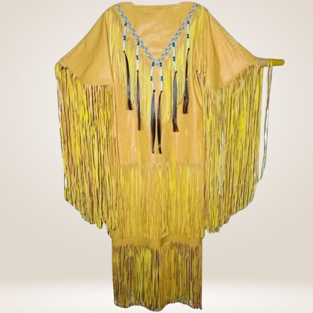 Women’s Cowhide Leather Long Fringes Wedding Maxi Dress Full