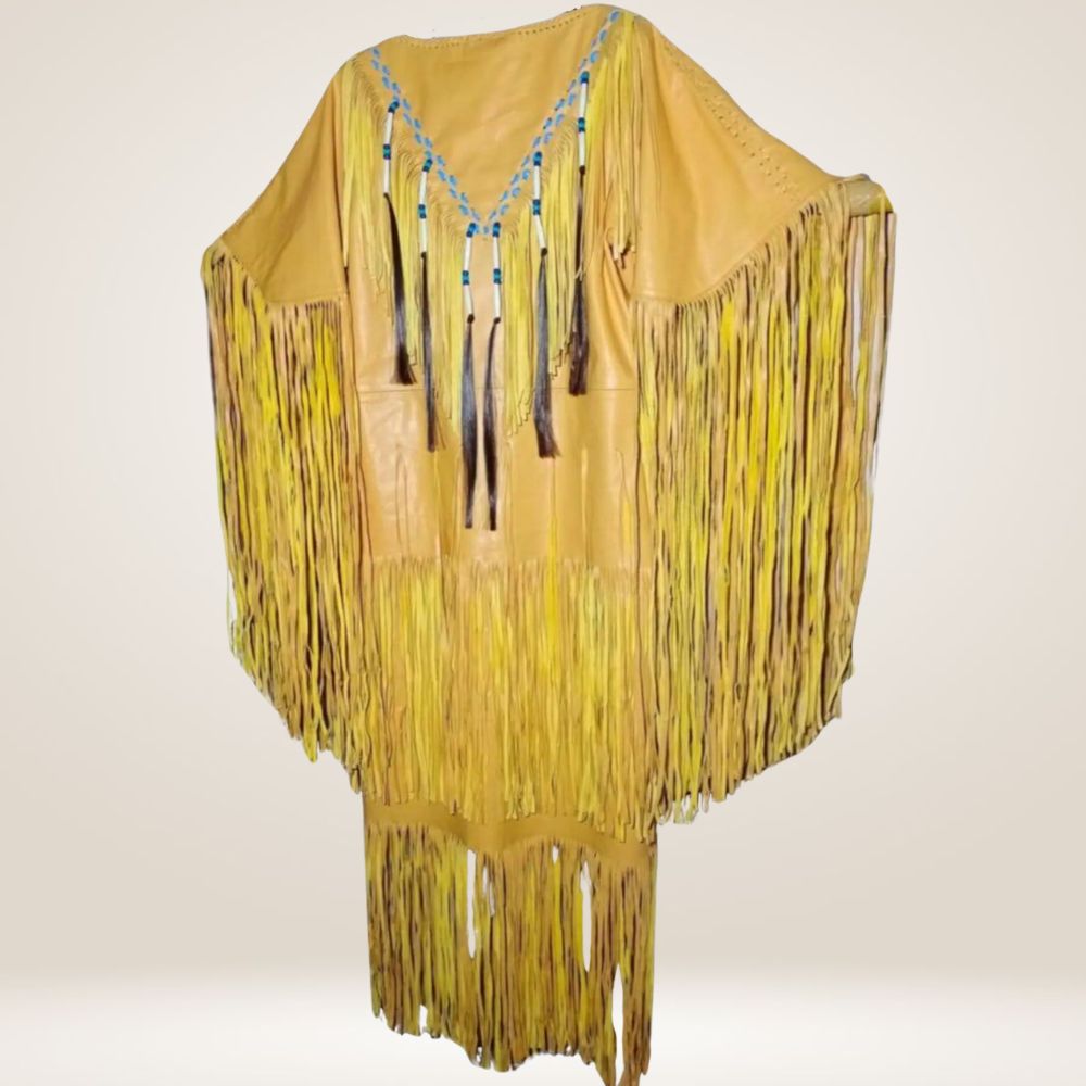 Women’s Cowhide Leather Long Fringes Wedding Maxi Dress Side