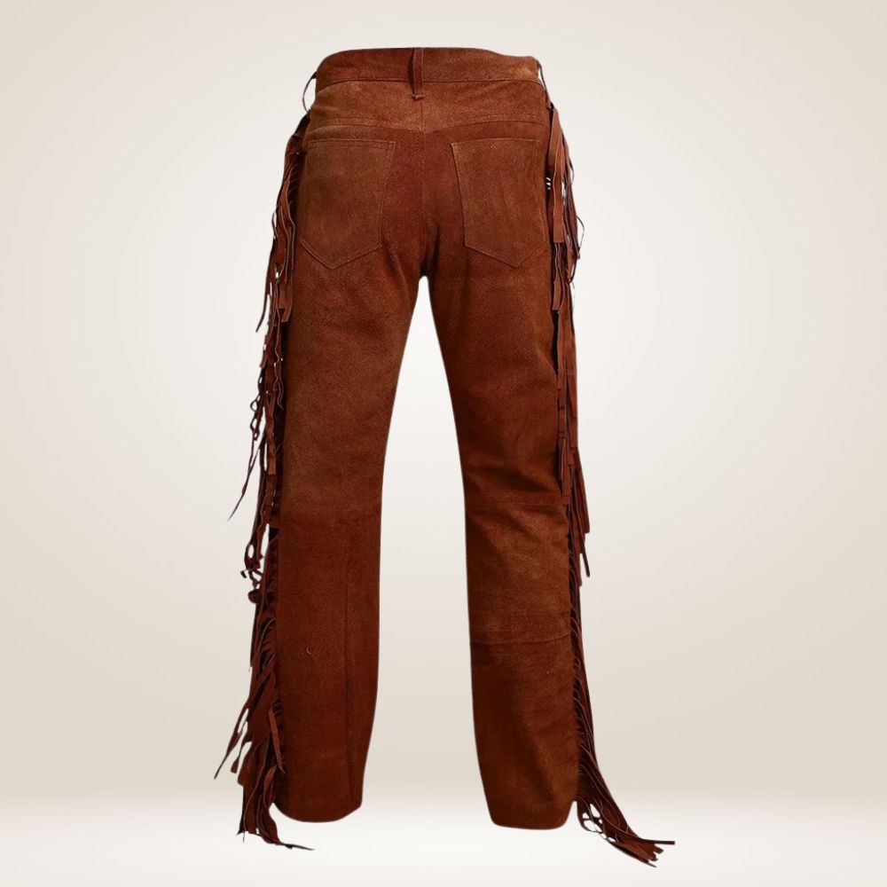 Rustic Brown Suede Fringe Pants Back