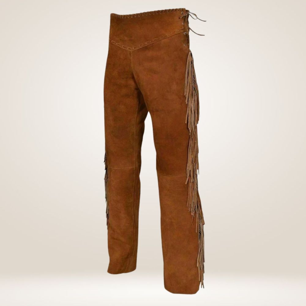 Western Light Brown Suede Fringe Pants