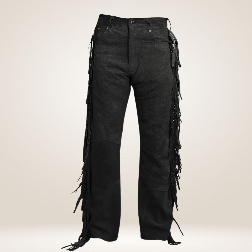 Men's Black Suede Leather Fringe Pants