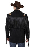 Person wearing a black fringed leather jacket and brown cowboy hat on a white background
