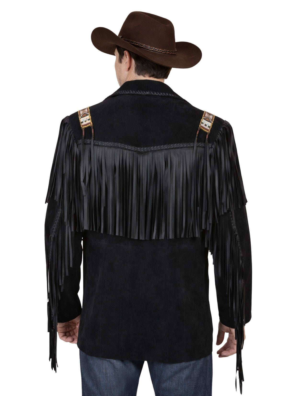 Person wearing a black fringed leather jacket and brown cowboy hat on a white background