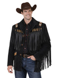 Man wearing a black fringed jacket with decorative elements on a white background