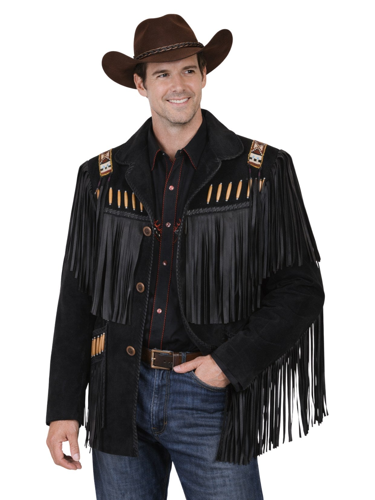 Man wearing a black fringed jacket with decorative elements on a white background