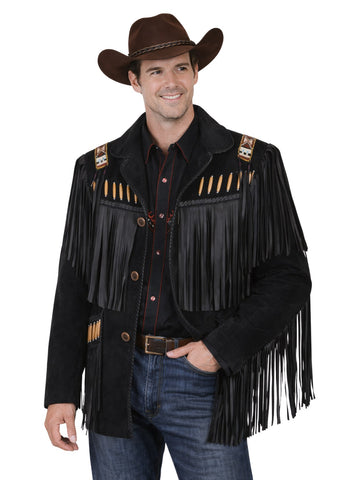 Man wearing a black fringed jacket with decorative elements on a white background