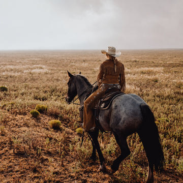 Person riding a horse in a vast, having fringe jacket and rodeo chaps on in open landscape with a cowboy hat on.