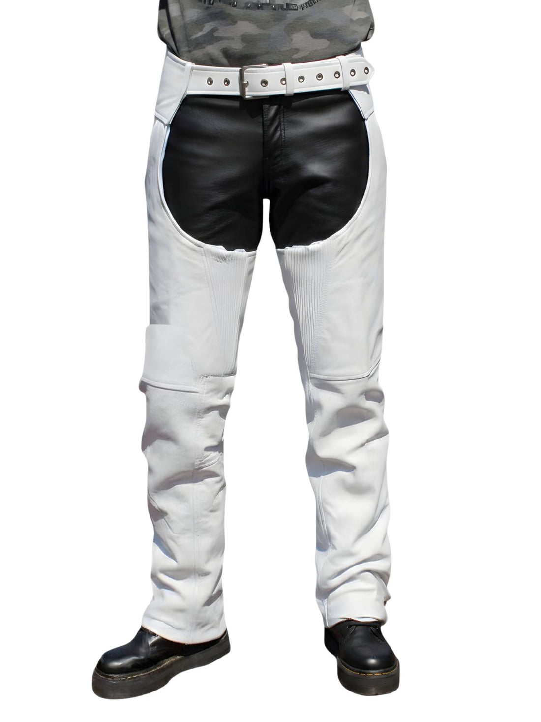 White Leather Western Chaps Buttless Front