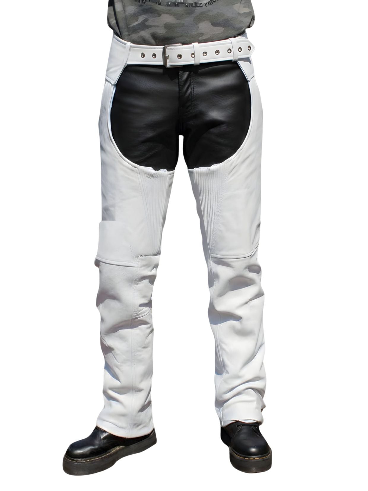 White Leather Western Chaps Buttless Front