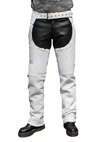 White Leather Western Chaps Buttless Front