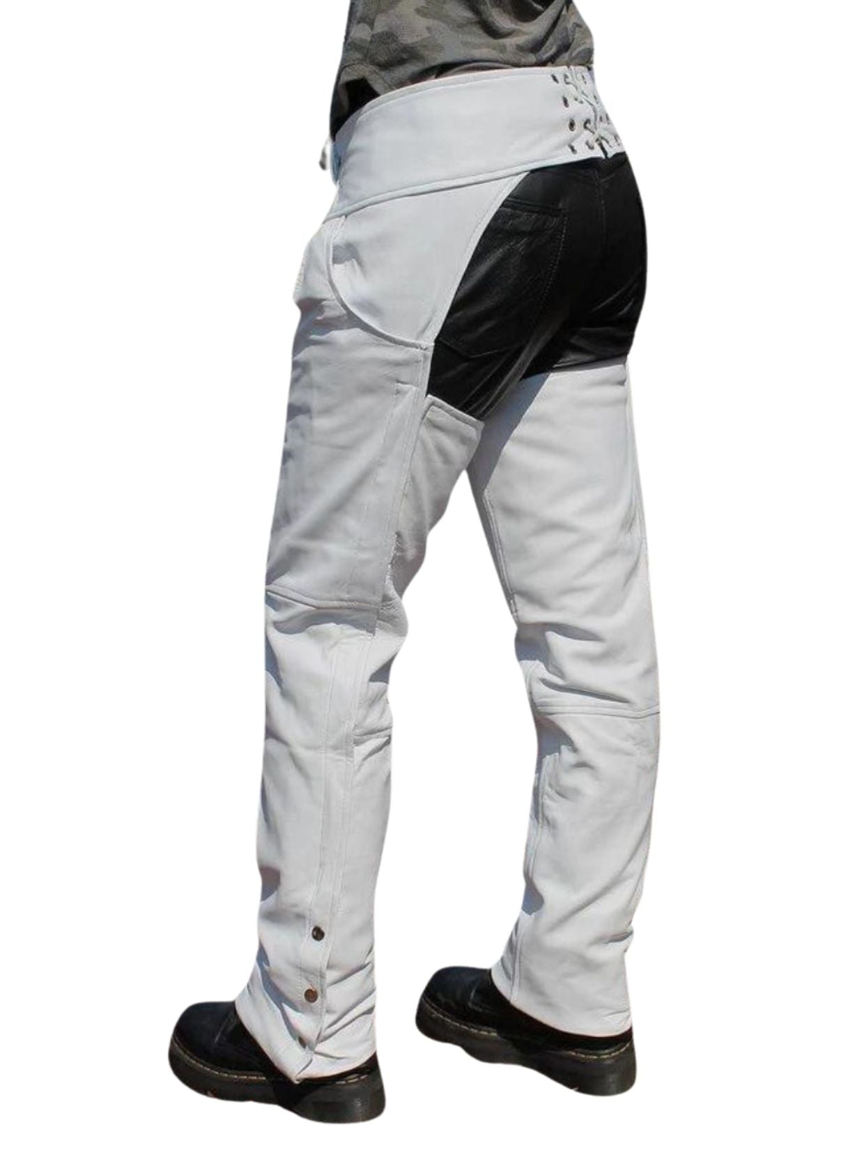 White Leather Western Chaps Buttless Other Side
