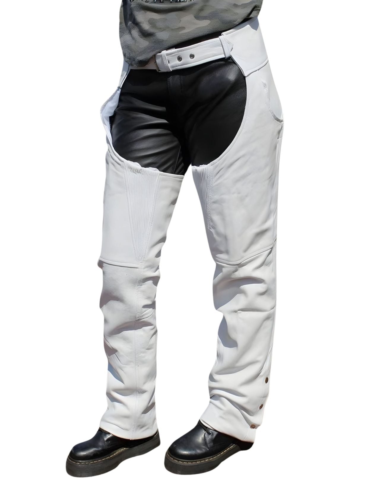 White Leather Western Chaps Buttless Side