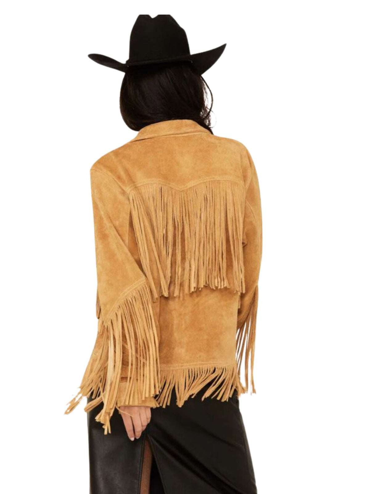 Women’s Camel Suede Western Fringe Jacket with Spread Collar Back Pose