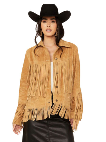 Women’s Camel Suede Western Fringe Jacket with Spread Collar Front Pose