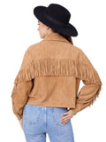 Person wearing a tan fringed jacket and black hat on a white background