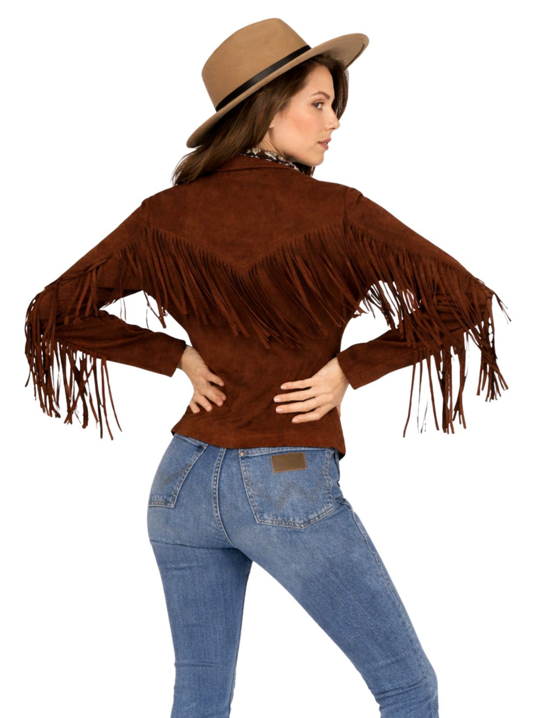 Woman wearing a brown suede fringe jacket with a beige hat on a white background