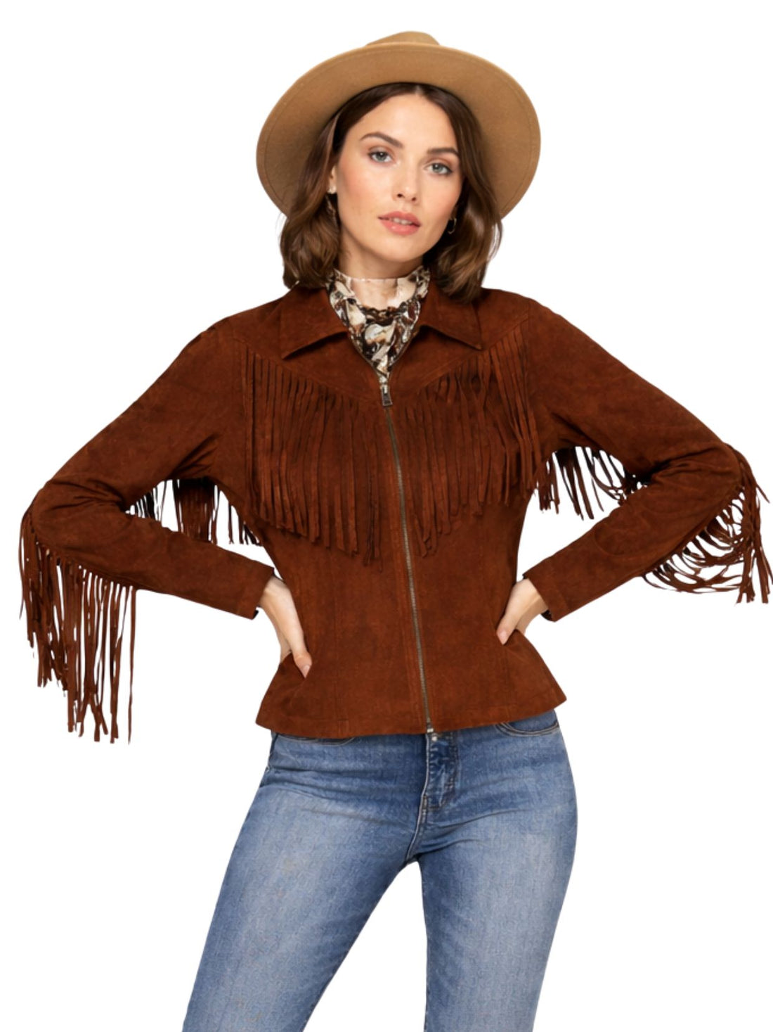 Woman wearing a brown suede fringe jacket with a beige hat on a white background