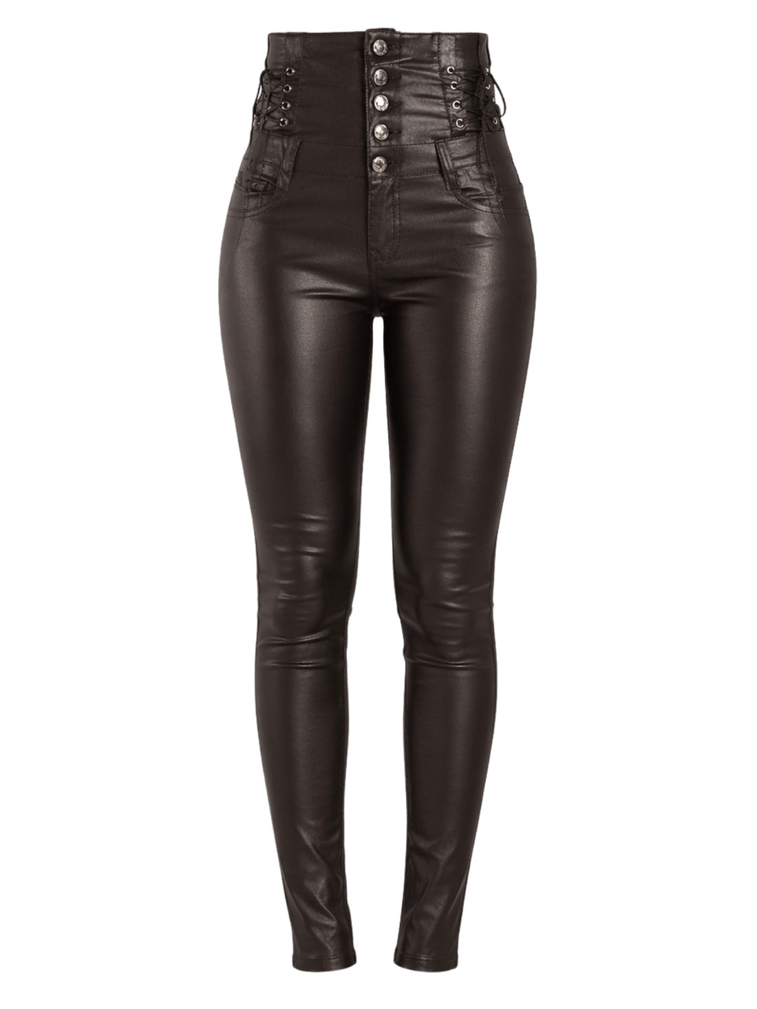 Black leather pants with button details on a white background