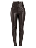 Black leather pants with button details on a white background
