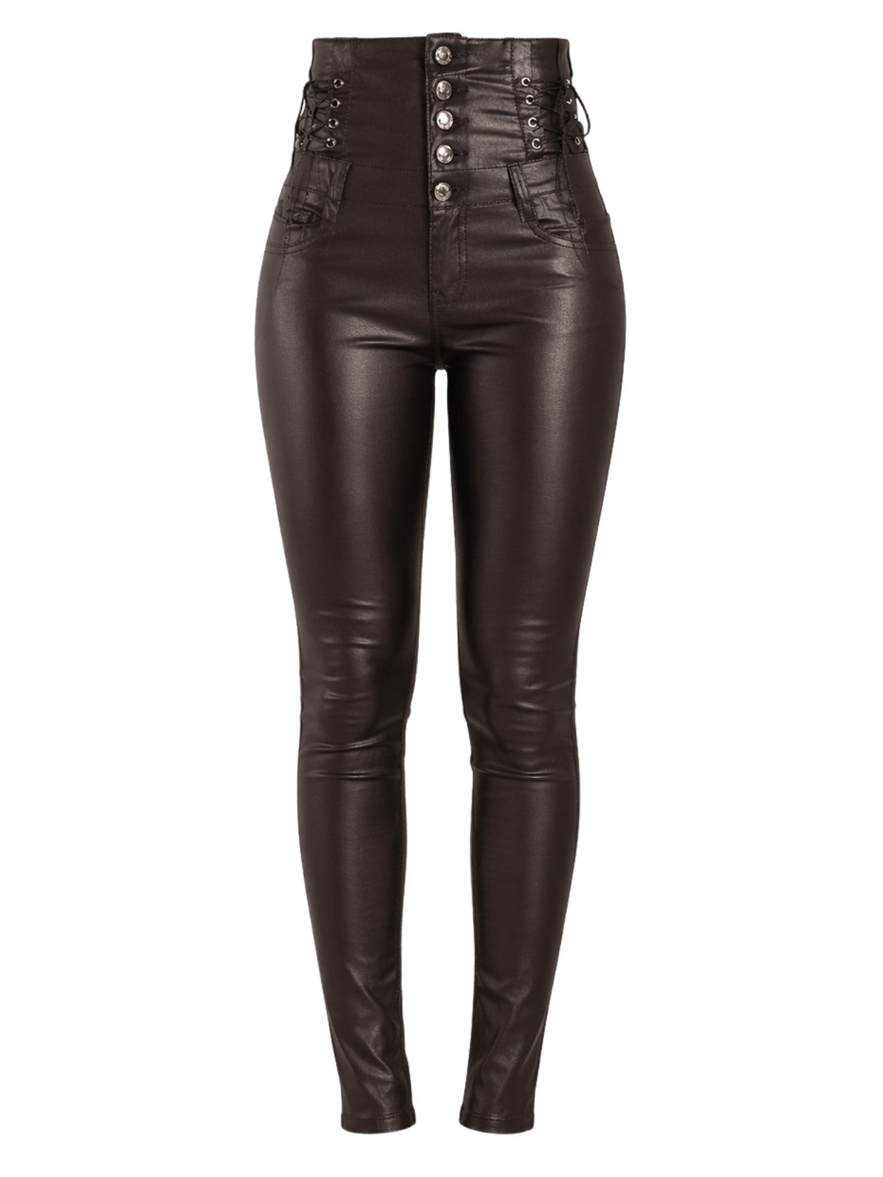 Black leather pants with button details on a white background