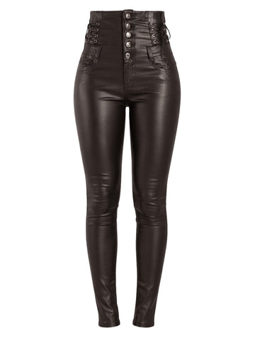 Black leather pants with button details on a white background