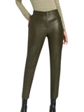 Person wearing olive green leather pants on a white background