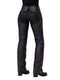black leather chaps angled front view with belt and slim fit