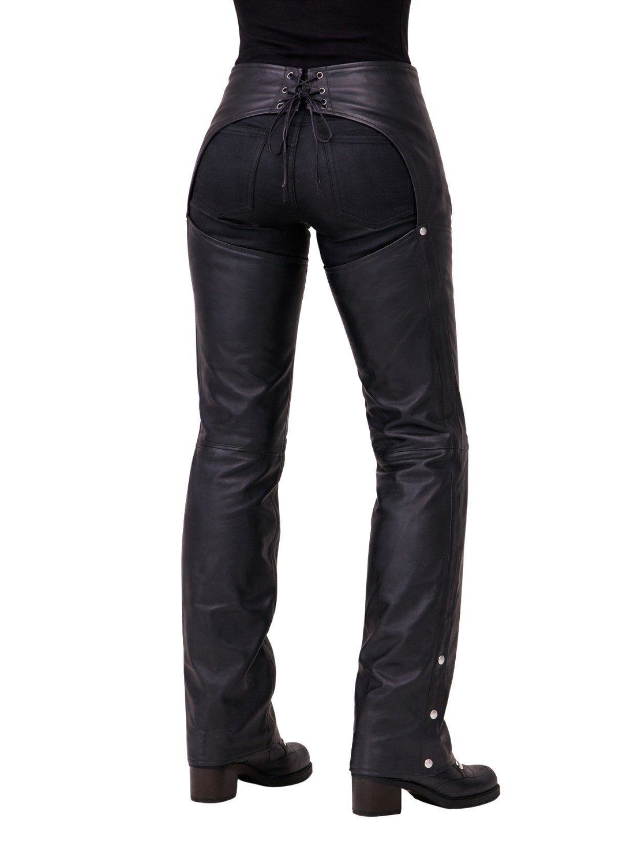 black leather chaps angled front view with belt and slim fit