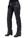 black leather chaps back view with lace up waist and snap buttons