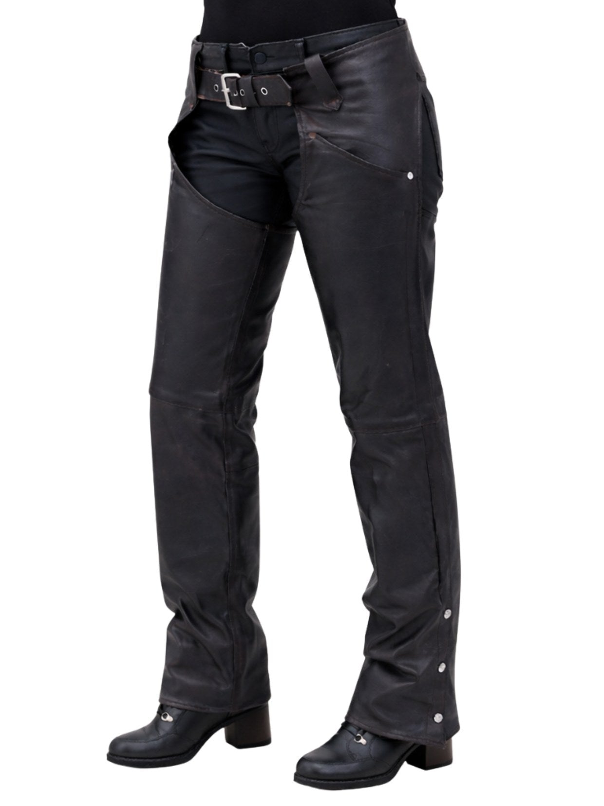 black leather chaps back view with lace up waist and snap buttons