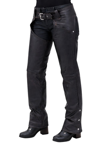 black leather chaps back view with lace up waist and snap buttons