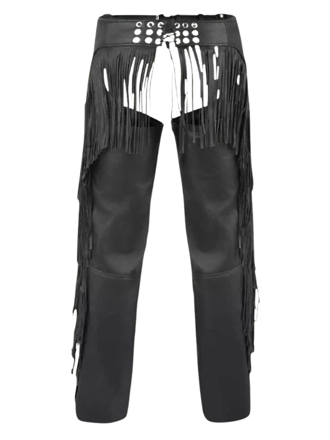black leather fringe chaps with belt and studs front view