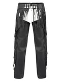 black leather fringe chaps back view with long fringe