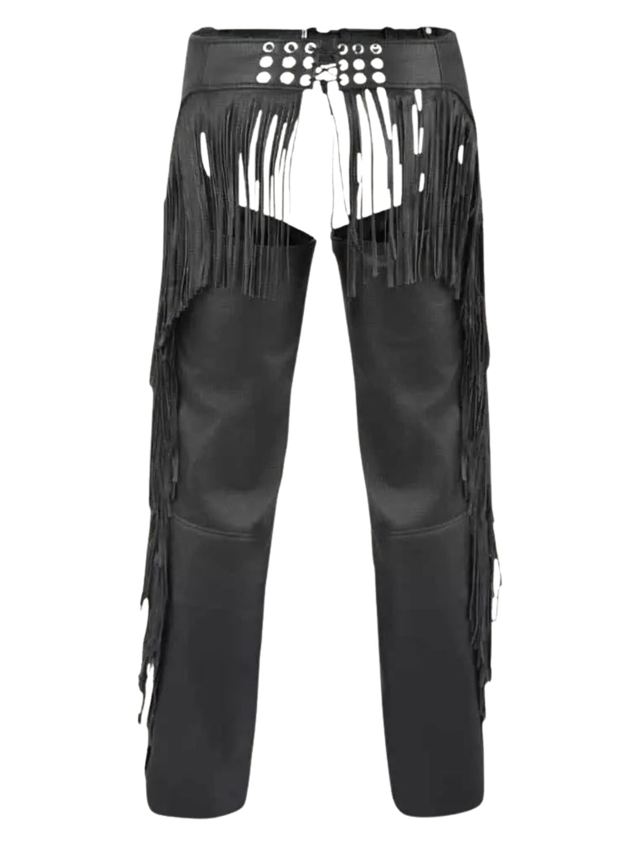 black leather fringe chaps back view with long fringe