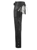 black leather fringe chaps side view with long fringe